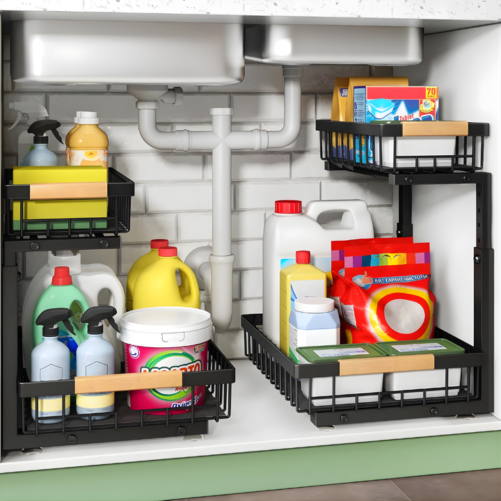 Universele ondergootsteen schuiflade organizer voor keuken. Ruimtebesparende opslagoplossing voor schoonmaakmiddelen.