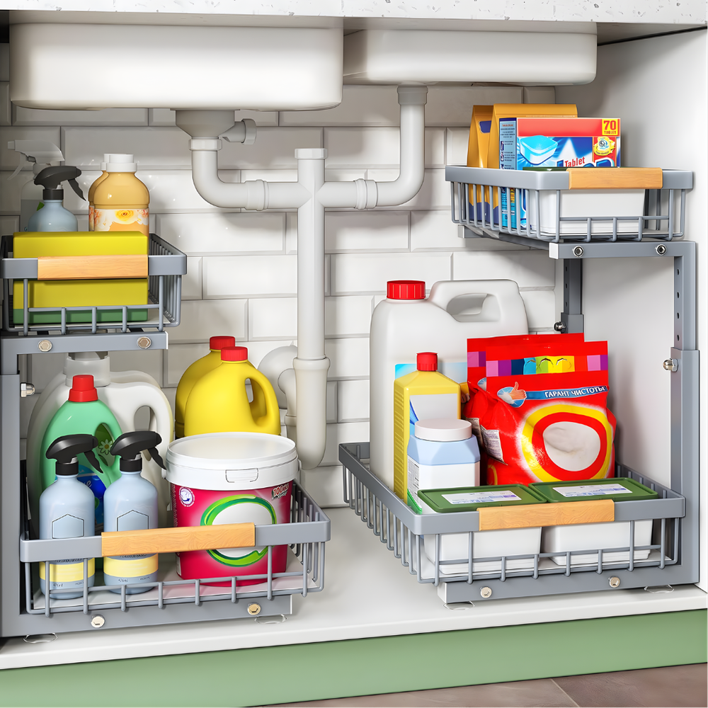 Praktische uitschuifbare organizer set, ideaal voor badkamerkasten. Creëer overzichtelijke opslagruimte onder de gootsteen.