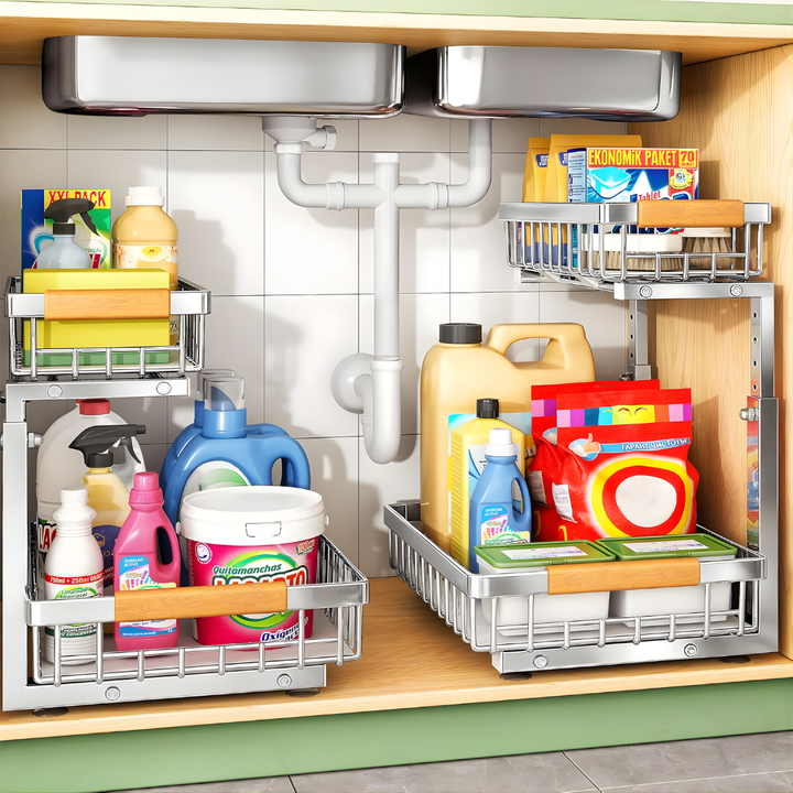 Moderne schuiflade kastorganizer set voor efficiënte thuisorganisatie. Optimaliseert ruimte onder de spoelbak.