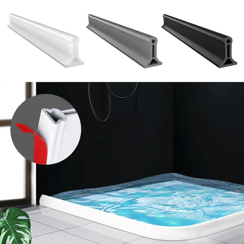 Flexibele waterbarrière van siliconen, zelfklevend voor makkelijke installatie in elke badkamer.