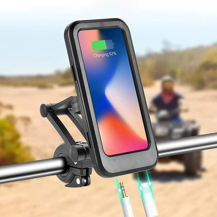 E-bike telefoonhouder met snelle draadloze oplader. Waterdicht en schokbestendig voor lange tochten met je telefoon.