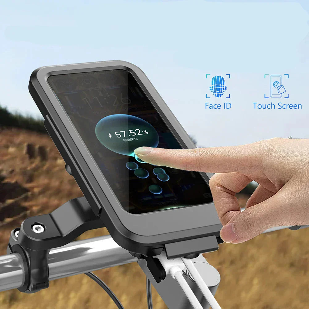 Compacte waterdichte telefoonhouder met snelladen voor fiets & e-bike. Makkelijk te bevestigen aan stuur. Telefoonfiets.