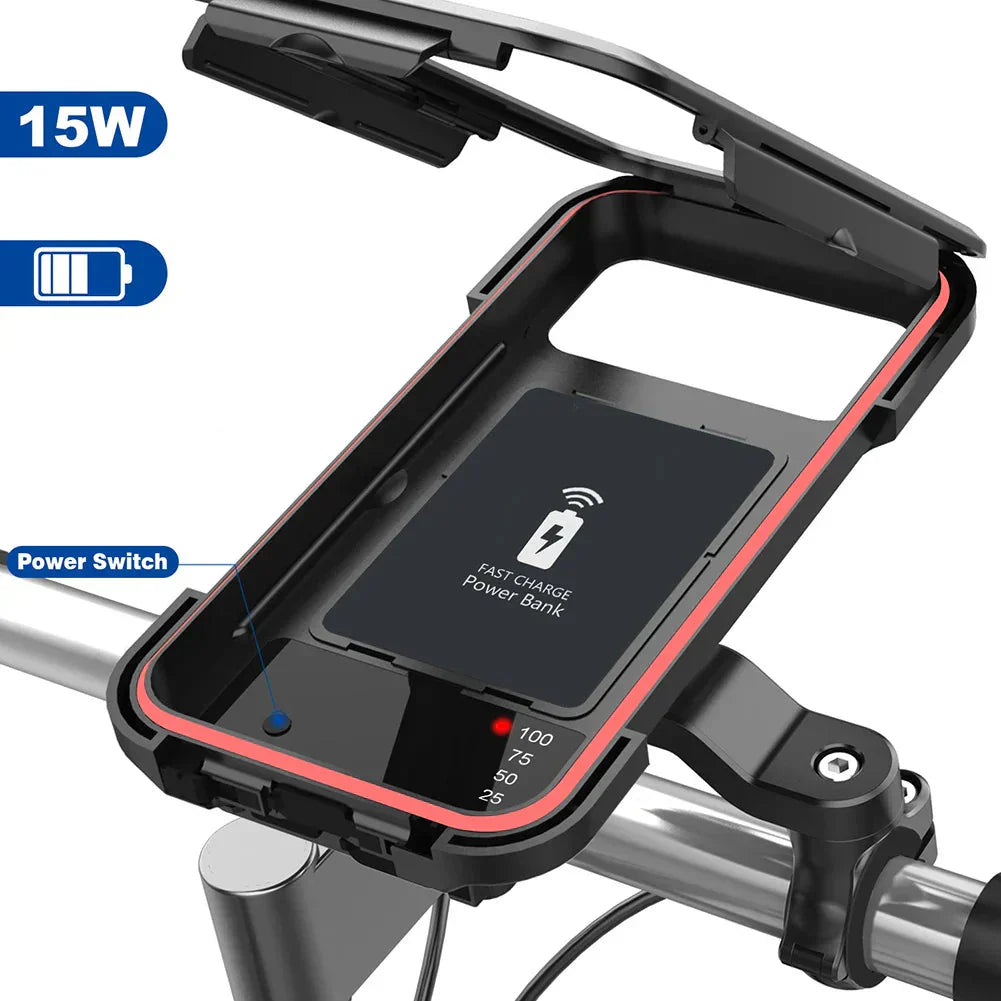 Universele telefoonhouder voor stuur op fiets, e-bike en scooter. Waterdicht en met USB-C uitgang voor opladen.