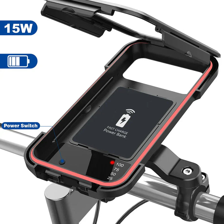 Universele telefoonhouder voor stuur op fiets, e-bike en scooter. Waterdicht en met USB-C uitgang voor opladen.