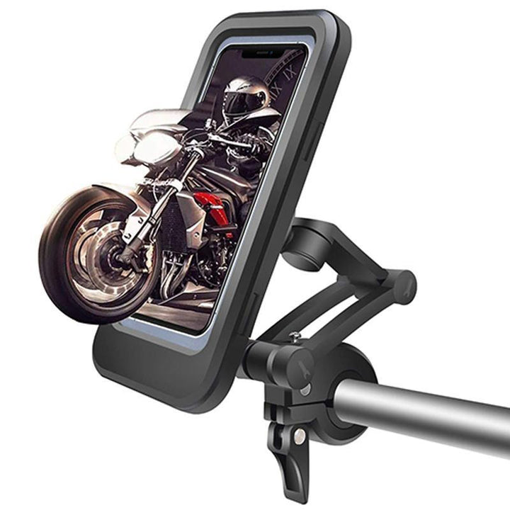 Robuuste waterdichte telefoonhouder voor fiets en e-bike stuur. Beschermt telefoon tijdens regen & biedt draadloos opladen.