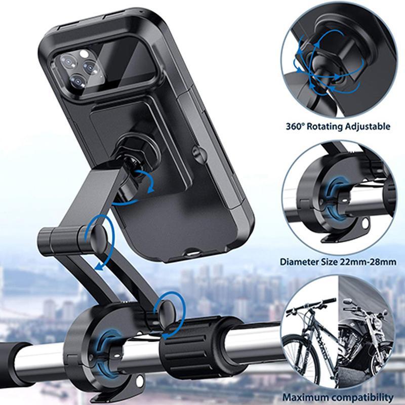 Waterdichte telefoonhouder met draadloos opladen en USB-C uitgang. Perfect voor e-bike navigatie en je telefoon op de fiets.
