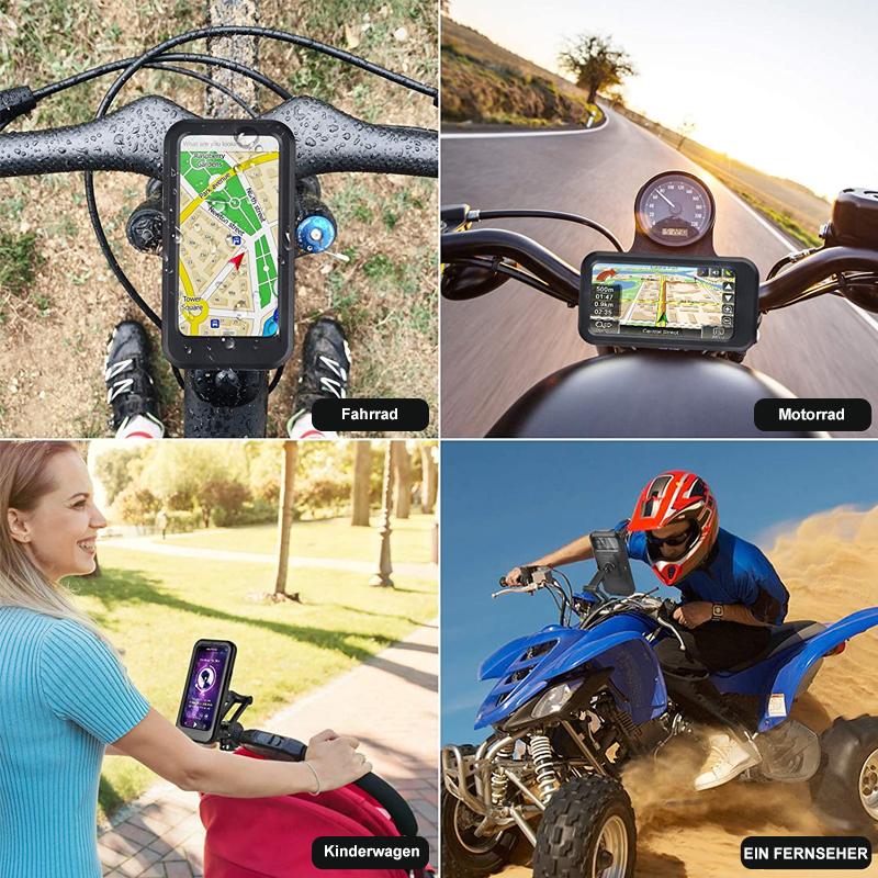 Fietser gebruikt waterdichte telefoonhouder met draadloos opladen op e-bike stuur voor veilige navigatie. Fietsaccessoire.