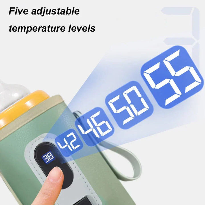 Overzicht van draagbare USB flessenwarmer en accessoires; complete set voor efficiënte babyvoeding onderweg.