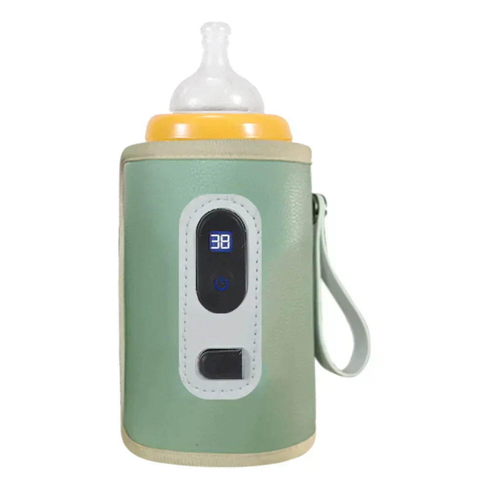 USB oplaadbare flessenwarmer met helder display; toont temperatuur voor perfecte babyvoeding, ideaal onderweg.