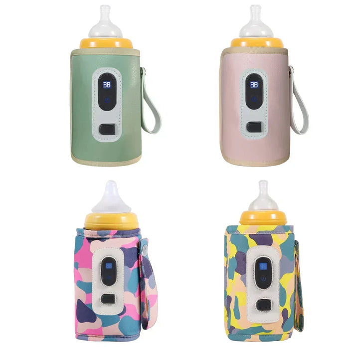 Draagbare flessenwarmer bevestigd aan babyfles; toont gemakkelijke babyvoeding verwarming voor ouders onderweg.