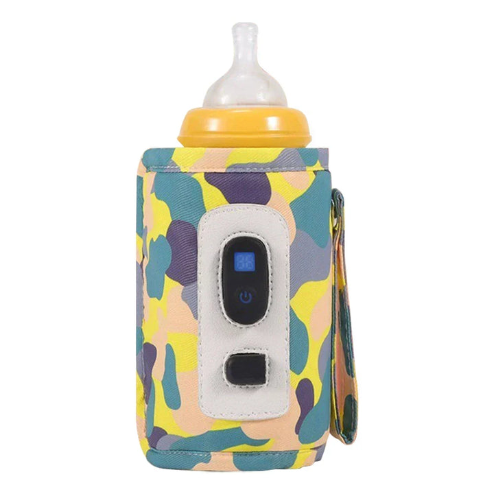 Compacte draagbare flessenwarmer past in luiertas; essentieel voor ouders onderweg en makkelijke babyvoeding.
