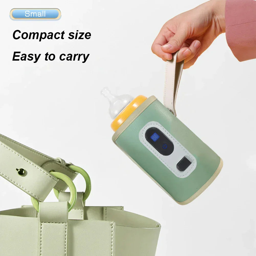 Moderne, zwarte draagbare flessenwarmer; past op diverse babyflesjes, perfect voor babyvoeding onderweg.