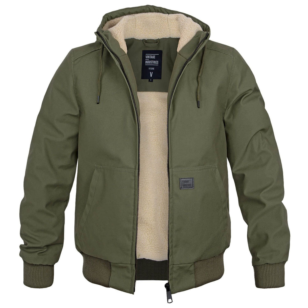 Warme heren winterjas in kaki of legergroen, ideaal voor buitenkleding met een comfortabele pasvorm.