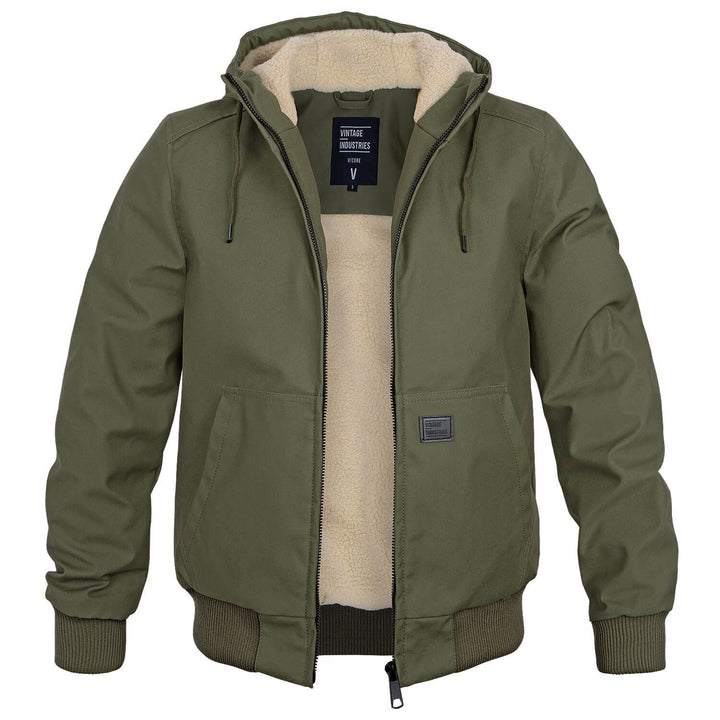 Warme heren winterjas in kaki of legergroen, ideaal voor buitenkleding met een comfortabele pasvorm.