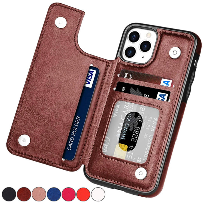 Praktische leren hoes voor mobiel, met ruimte voor meerdere pasjes en stevige magnetische sluiting.