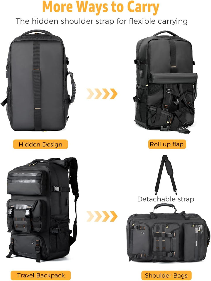 Ruime 50L reisrugzak met apart laptopvak en slimme opbergruimte, geschikt voor handbagage.