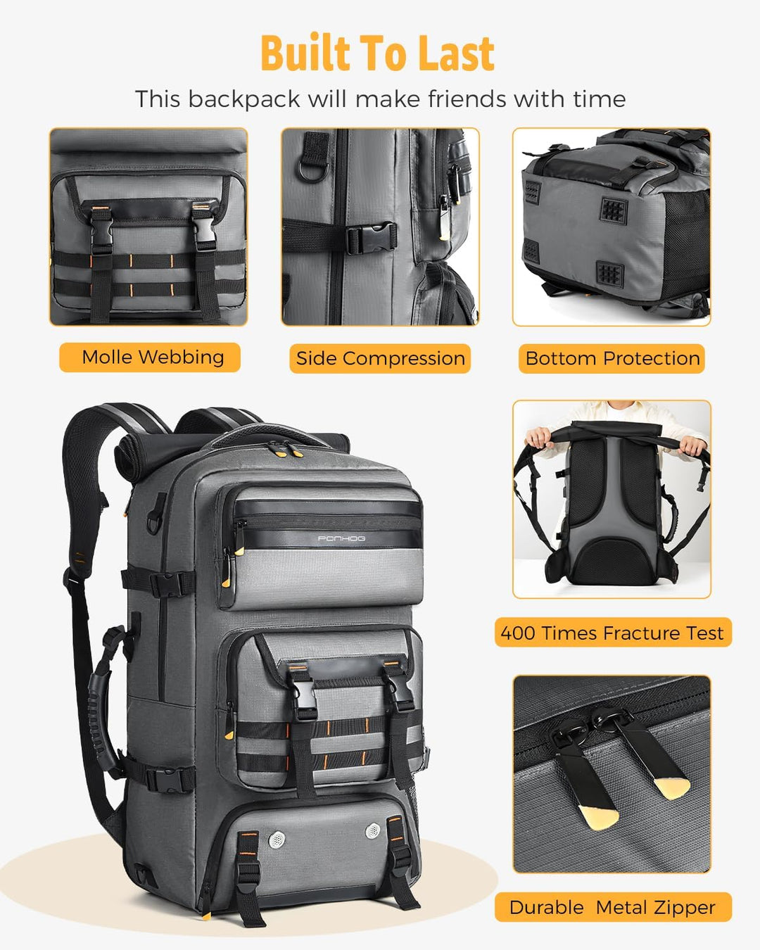 Handbagage 50L reisrugzak met schoenenvak, USB-poort en verstelbare banden voor comfort.