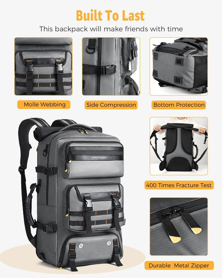 Handbagage 50L reisrugzak met schoenenvak, USB-poort en verstelbare banden voor comfort.