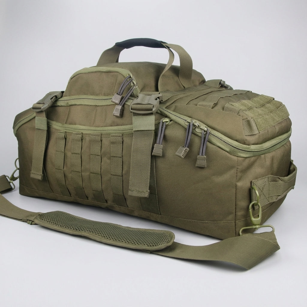 Robuuste Nomadridge reistas met Molle, zijaanzicht. Ideale outdoor duffel rugzak voor avontuurlijke reizen.