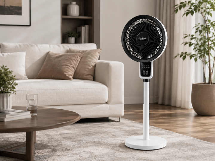 Stijlvolle stille staande ventilator in een moderne woonkamer