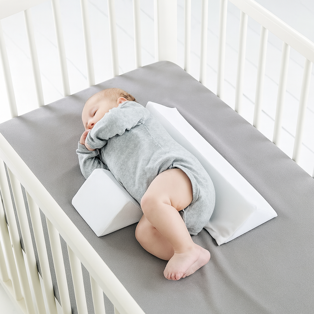 Verstelbaar ademend anti-rol babykussen voor veilige slaapondersteuning en comfort van je baby.