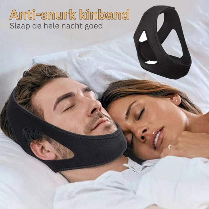 Verstelbare anti-snurkband getoond op model, illustreert comfort en gebruiksgemak voor beter slapen.