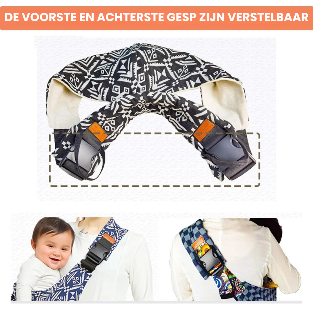 Verstelbare baby draagdoek in grijze tinten, ergonomisch ontwerp voor comfort en gebruiksgemak, ideaal voor ouders onderweg.