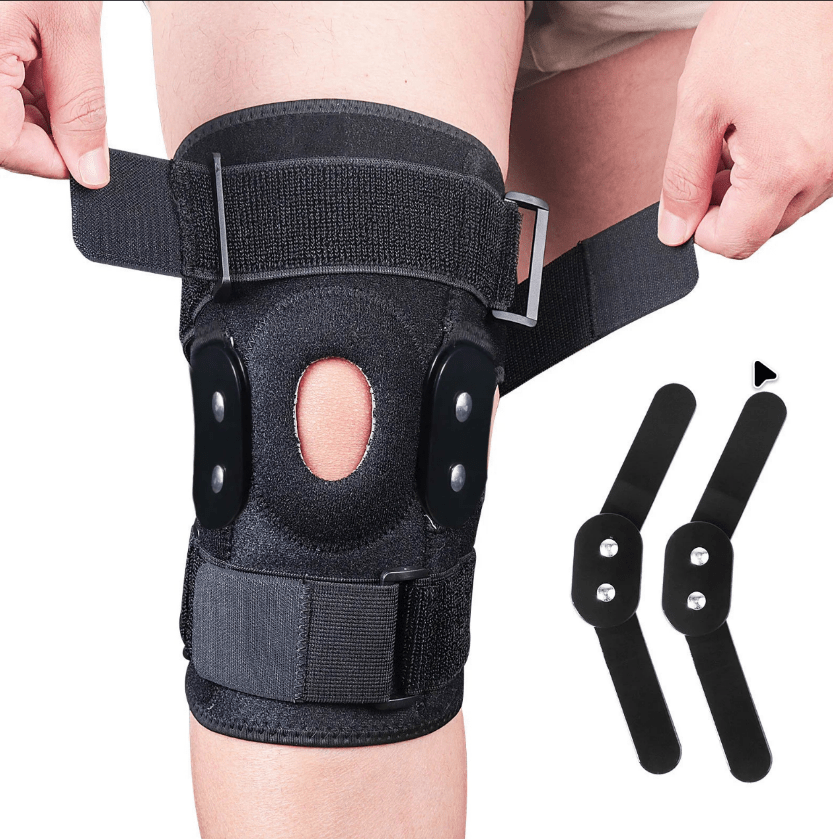 "Verstelbare kniebrace voor optimale ondersteuning; ademend materiaal, scharnierend mechanisme voor flexibiliteit en comfort.