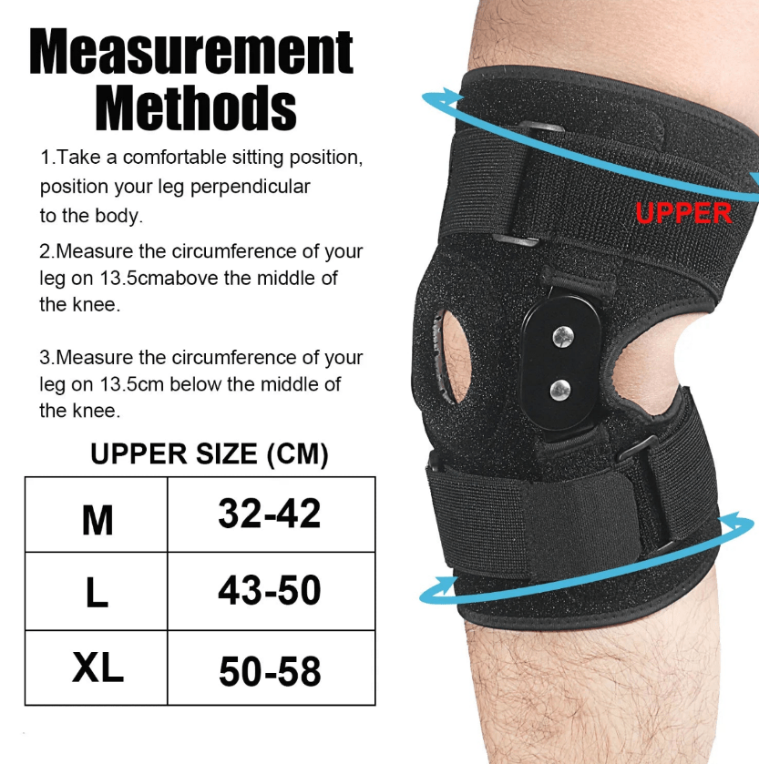 "Verstelbare kniebrace voor optimale ondersteuning; ademend materiaal, scharnierend mechanisme voor flexibiliteit en comfort.