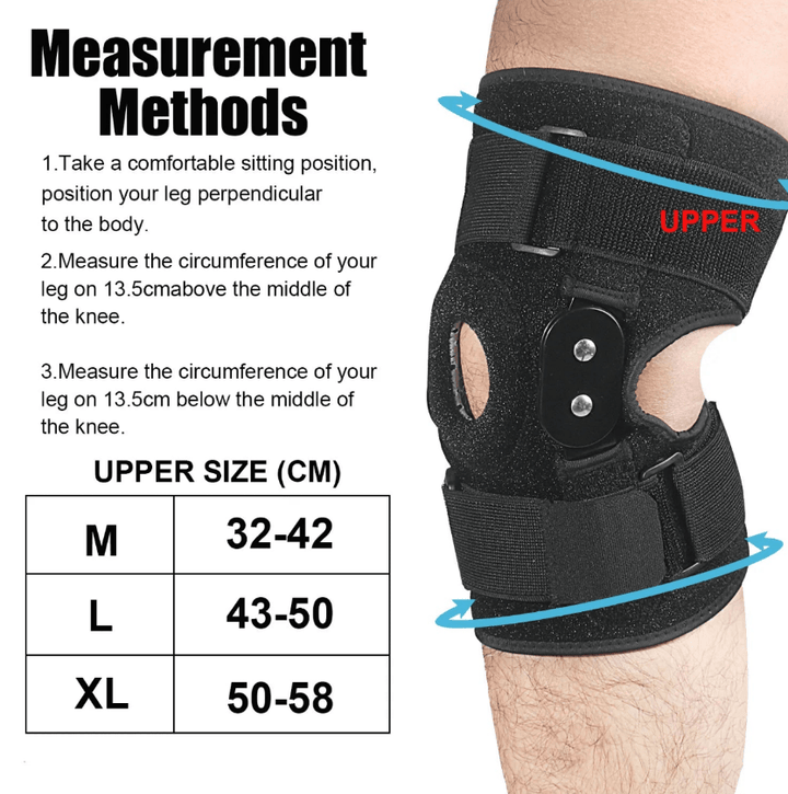 "Verstelbare kniebrace voor optimale ondersteuning; ademend materiaal, scharnierend mechanisme voor flexibiliteit en comfort.