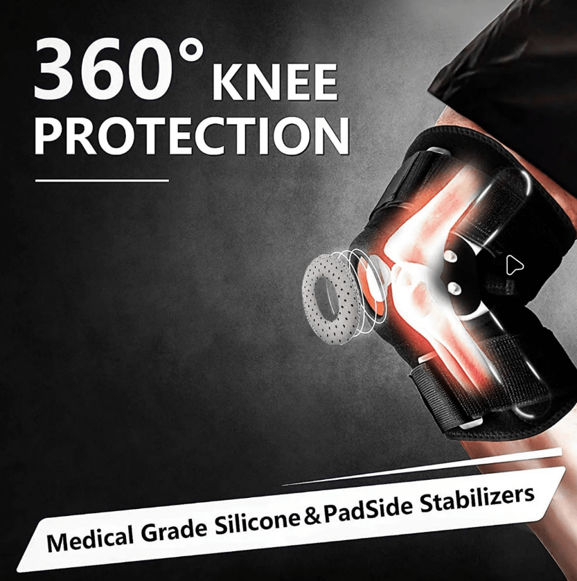 "Verstelbare kniebrace voor optimale ondersteuning; ademend materiaal, scharnierend mechanisme voor flexibiliteit en comfort.