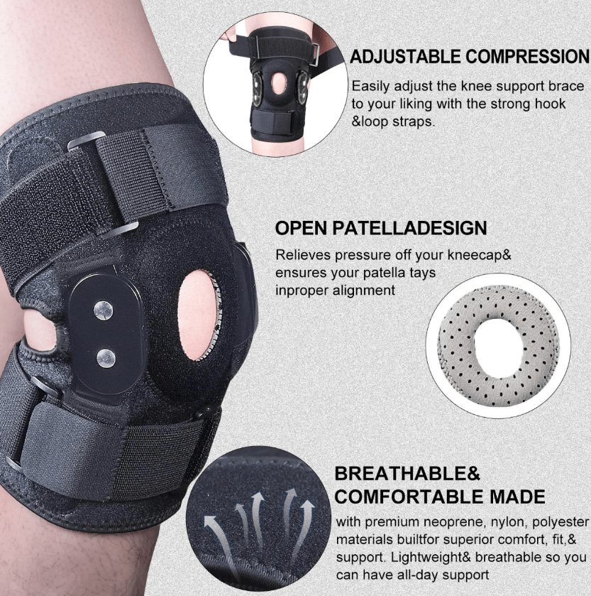 "Verstelbare kniebrace voor optimale ondersteuning; ademend materiaal, scharnierend mechanisme voor flexibiliteit en comfort.