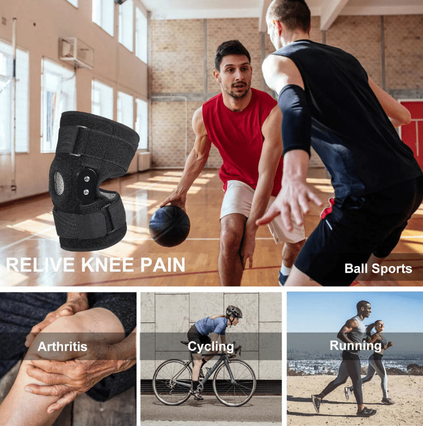 "Verstelbare kniebrace voor optimale ondersteuning; ademend materiaal, scharnierend mechanisme voor flexibiliteit en comfort.