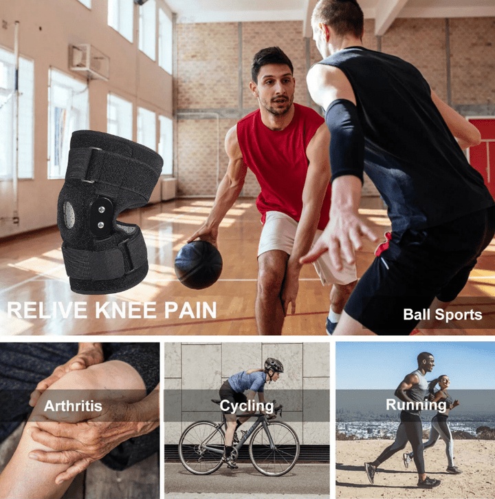 "Verstelbare kniebrace voor optimale ondersteuning; ademend materiaal, scharnierend mechanisme voor flexibiliteit en comfort.