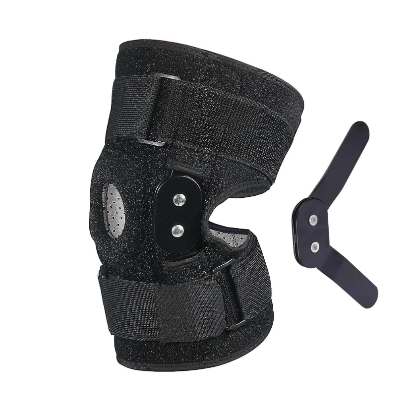 "Verstelbare kniebrace voor optimale ondersteuning; ademend materiaal, scharnierend mechanisme voor flexibiliteit en comfort.