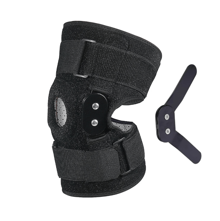 "Verstelbare kniebrace voor optimale ondersteuning; ademend materiaal, scharnierend mechanisme voor flexibiliteit en comfort.