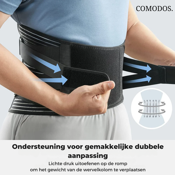 Detailfoto van de verstelbare rugbrace, toont ademend materiaal en ergonomisch ontwerp voor comfort.