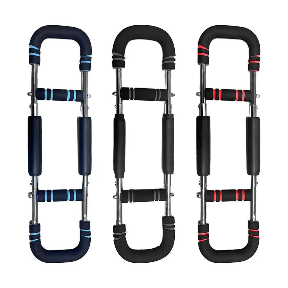 Verstelbare Twister Arm Trainer voor schouderkracht en borstspanning. Compact, draagbaar fitnessapparaat in zwart, blauw, roo