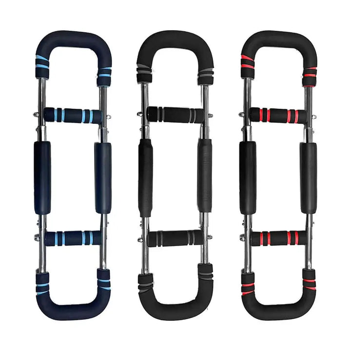 Verstelbare Twister Arm Trainer voor schouderkracht en borstspanning. Compact, draagbaar fitnessapparaat in zwart, blauw, roo