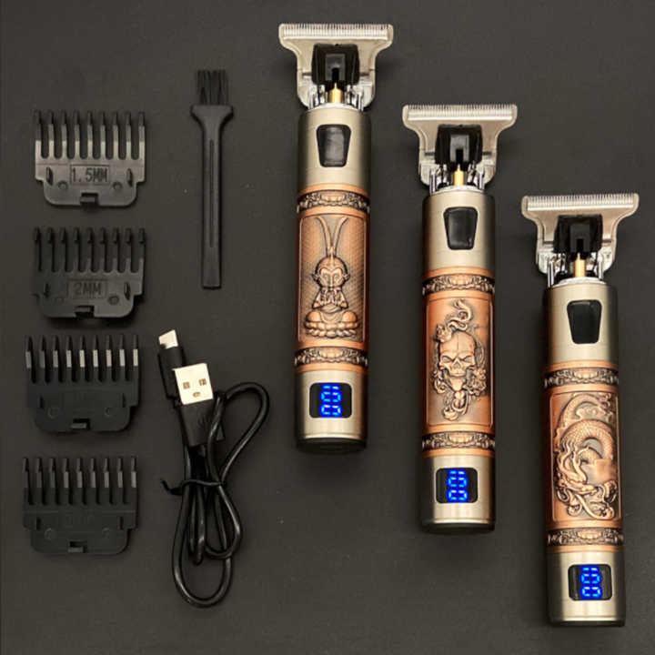 Draadloze vintage tondeuse voor mannen, met diverse opzetstukken voor haar- en baardverzorging.