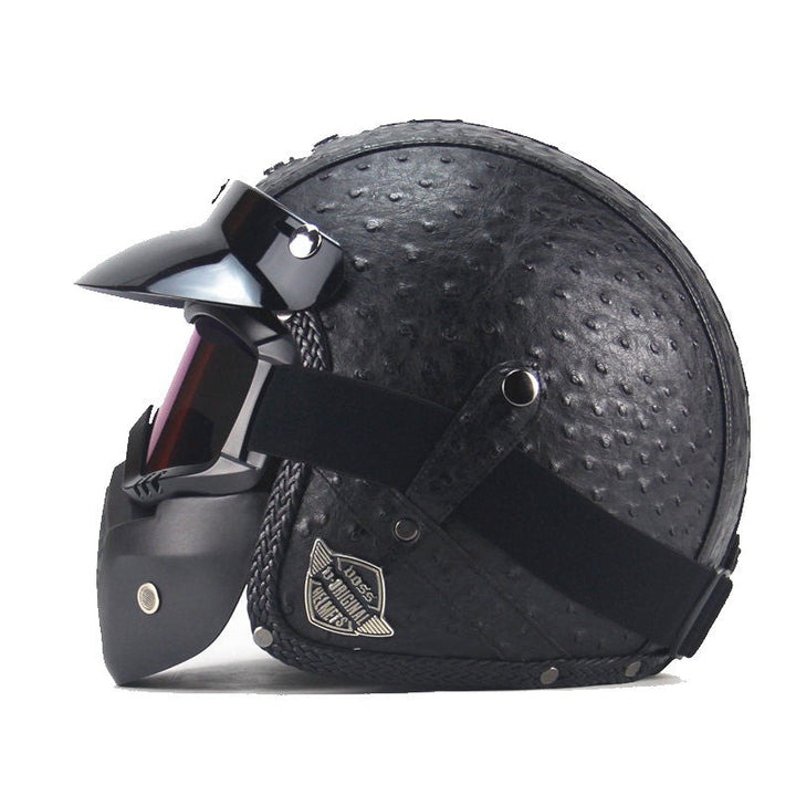 Comfortabele retro bikerhelm van PU leer met afneembaar vizier en bril, ideaal voor motorrijden, unisex design.