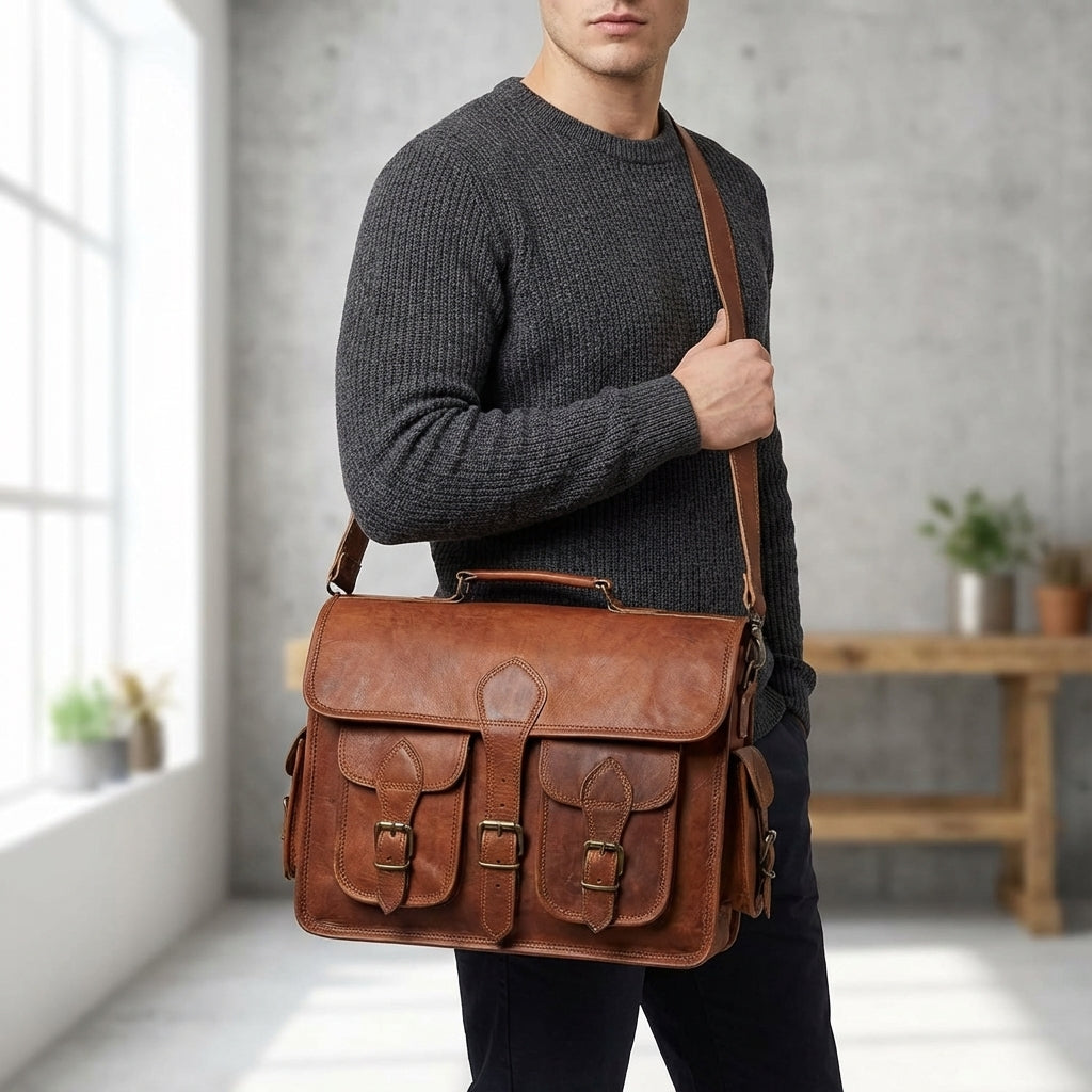Vintage unisex messenger tas van robuust geitenleer, ideaal voor werk of reizen.