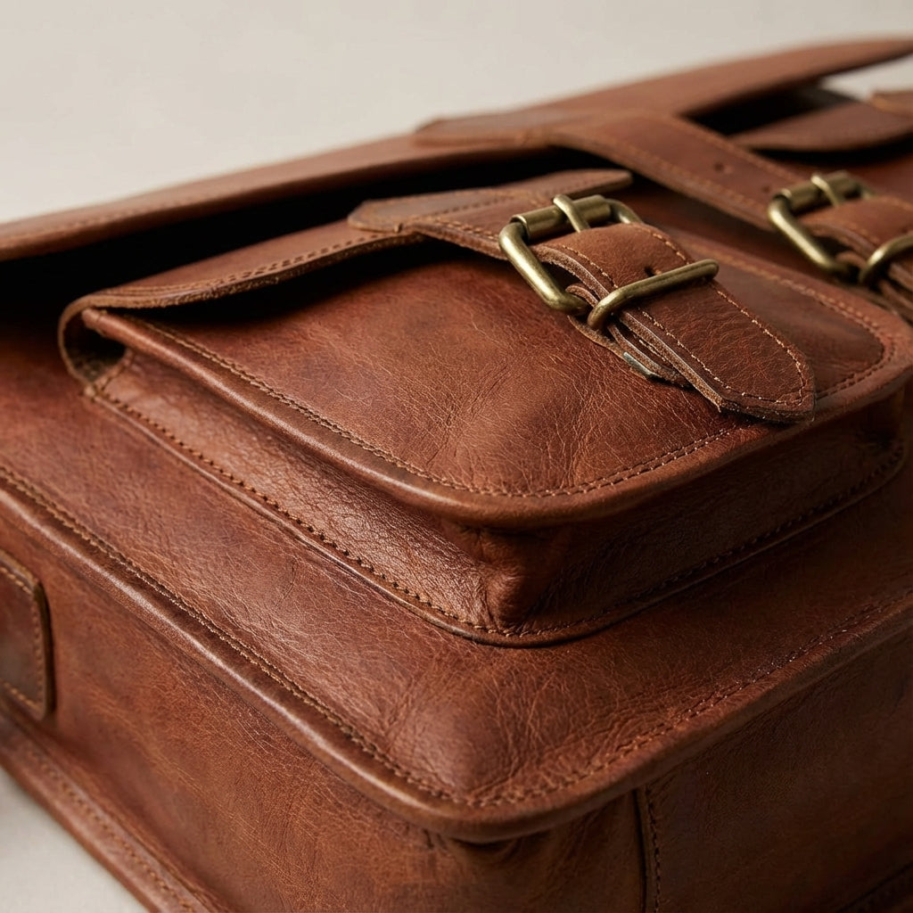 Duurzame unisex vintage geitenleren tas, veelzijdig als reistas, werktas of alledaagse schoudertas.