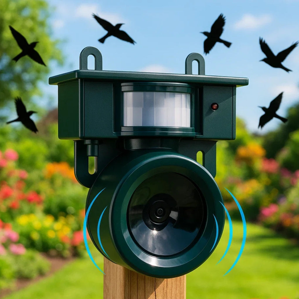 Vogelverjager met bewegingssensor voor tuin. Effectieve en diervriendelijke bescherming tegen vogels op zonne-energie.