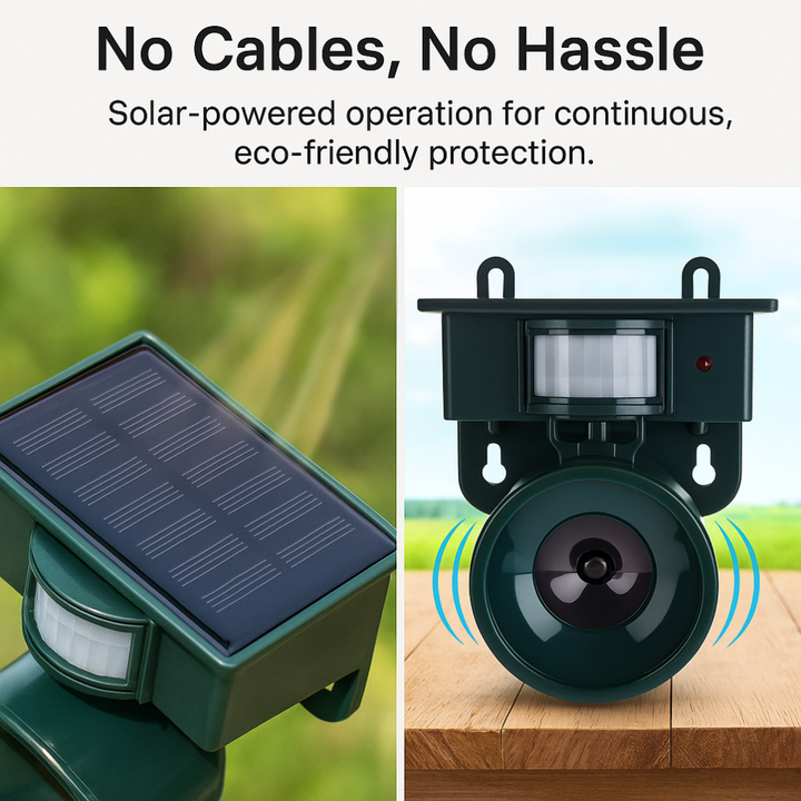 Overzicht van de complete vogelverjager, klaar voor gebruik in de tuin met geïntegreerde zonne-energie en sensor.
