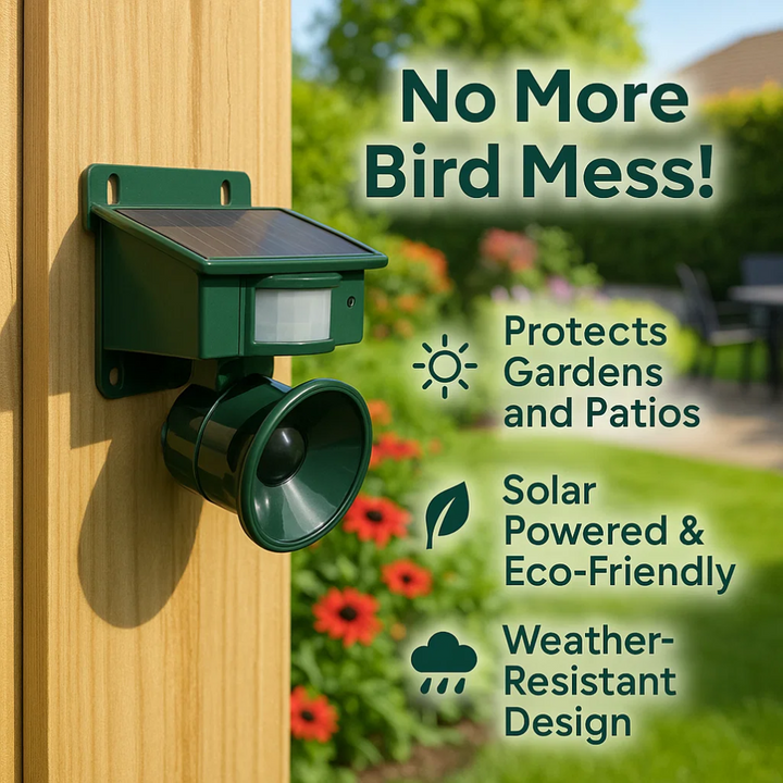 Effectieve vogelverjager voor balkon, beschermt uw planten en meubels tegen vogeloverlast via ultrasoon geluid.