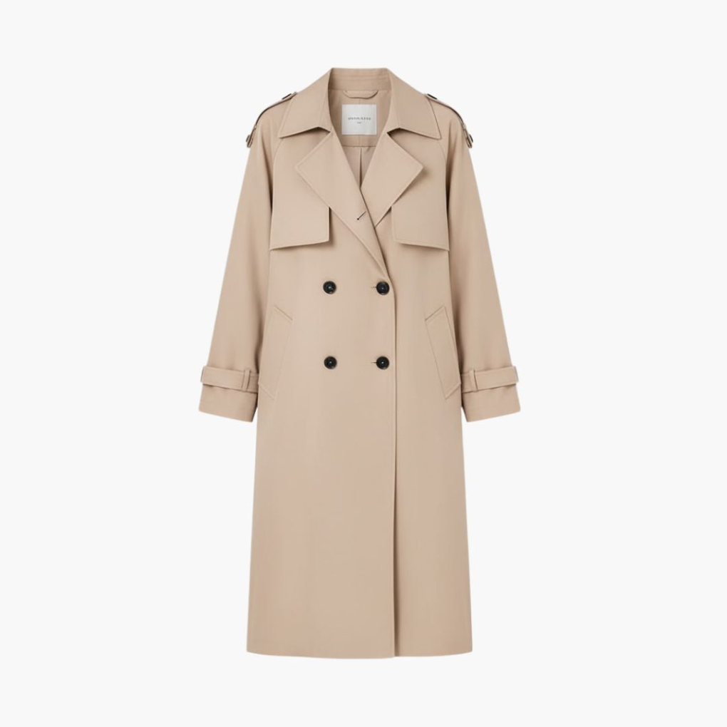 Volledige voorkant van een klassieke dames trenchcoat, ideaal voor lente en herfst.
