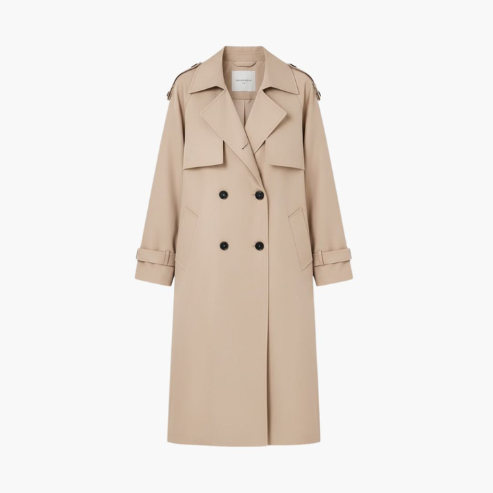 Volledige voorkant van een klassieke dames trenchcoat, ideaal voor lente en herfst.