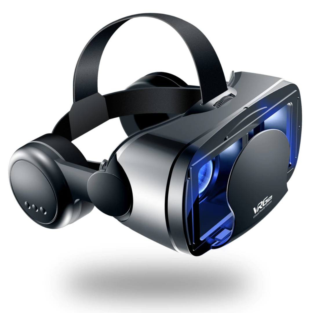 Zwarte VR bril met comfortabele headset; ideaal voor virtual reality gaming op iOS/Android telefoons.