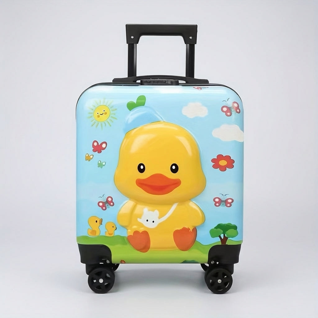Gele kinderkoffer met schattige vos, ideale compacte handbagage voor jonge reizigers.